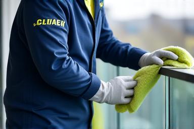 Uniformed cleaning operative with industrial vacuum